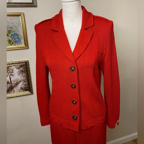 St John Collection 2 Piece Red Maxi Skirt Knit Suit W Gold Branded Buttons S/M - Picture 2 of 16
